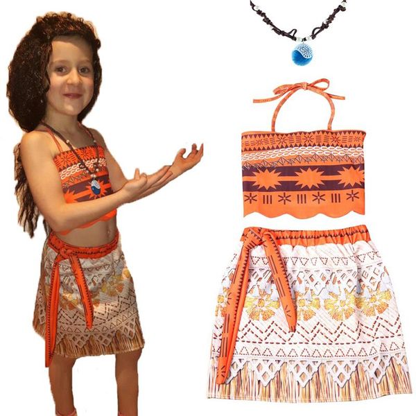 

girl's dresses 2021 cartoon dress kids girl princess shirt necklace pandent vaiana cosplay costume accessary 3-10 years, Red;yellow