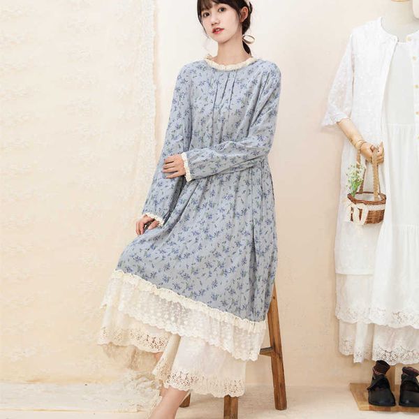 

long sleeve lace floral cotton linen dress 2021 spring and autumn loose large dress sen women's sweet long skirt, White