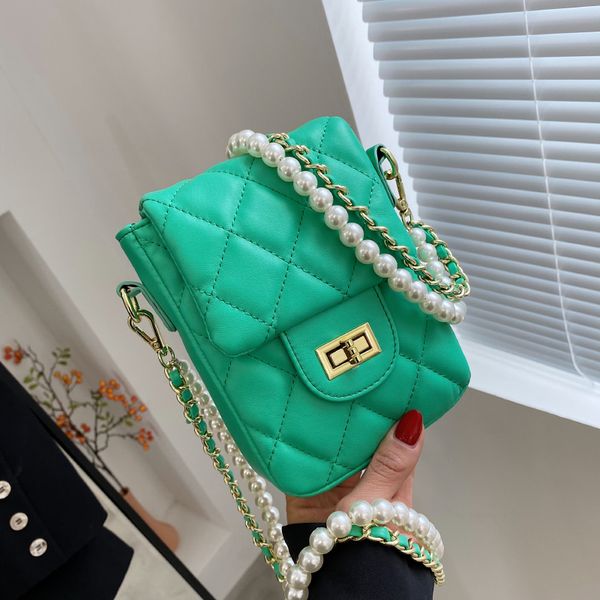 

female small flap shoulder diamond lattice crossbody pearl chain leather handbags