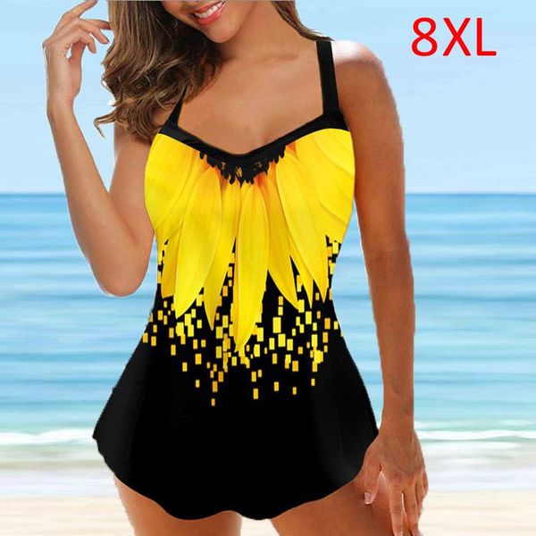 

women's swimwear 2021 large size 8xl plus for women two piece floral print bodysuit dress swimsuit tankini, White;black