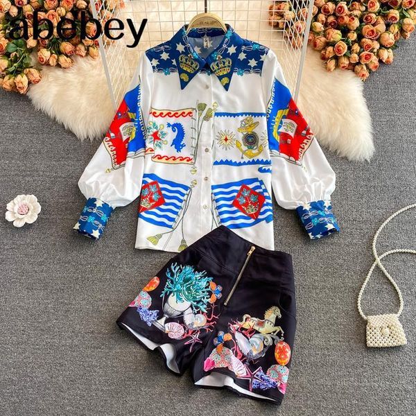 

women's tracksuits 2021 spring autumn fashion turn down collar lantern sleeve print shirt + high waist casual wide leg shorts two-piece, Gray