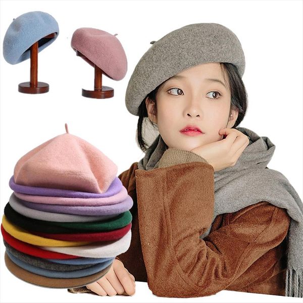 

french style solid casual vintage womens hat beret plain cap girls wool warm winter berets beanie hats femme aldult caps, Blue;gray