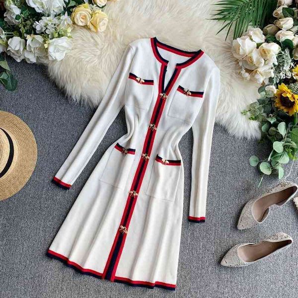 

contrast colour striped knitted women mini dress autumn winter runway bees button v-neck long sleeve pocket vintage dress 210401, Black;gray