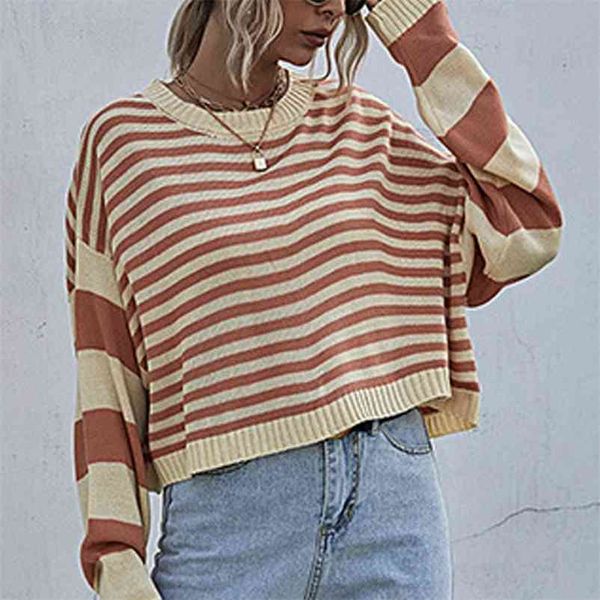 

women's winter clothes o-neck pullovers autumn striped pullover loose knitted sweater short outer wear 210517, White;black