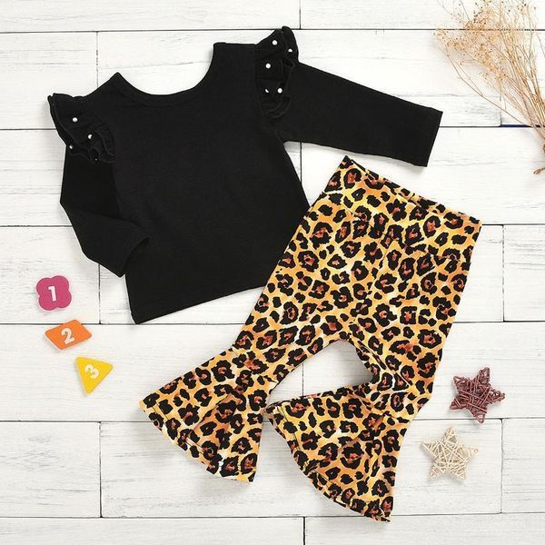 

6m-4t toddler girl clothes set baby girls outfit ruffle black long sleeve + leopard flares pants, White