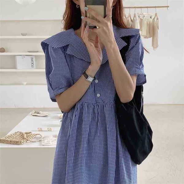 

sweet students plaid notched stylish vintage short sleeves summer fashion femme all match long dresses vestidos 210525, Black;gray