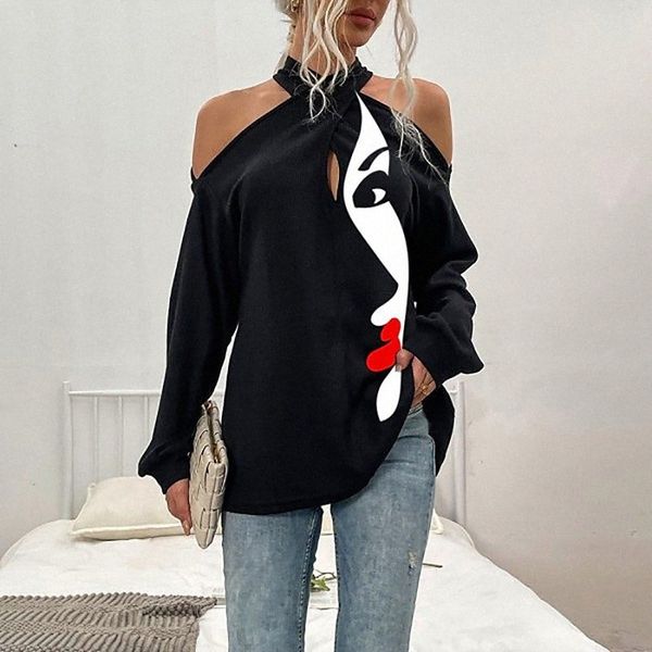 

women's abstract portrait painting t shirt portrait letter cold shoulder print v neck basic blue white black b21s#