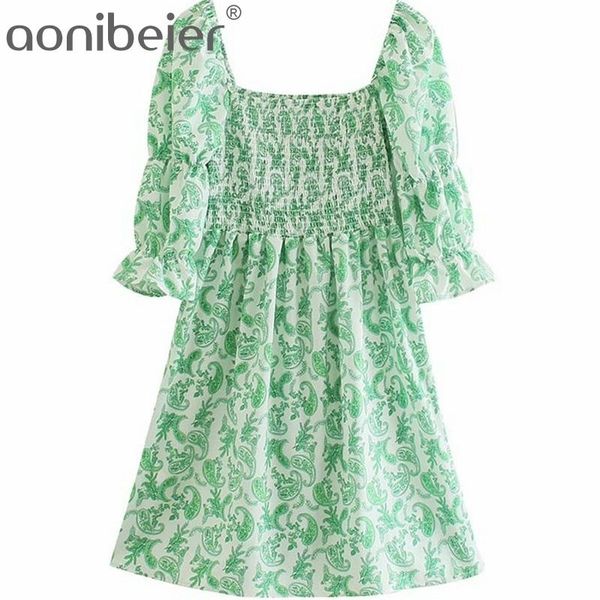 Paisley stampa manica a sbuffo colletto quadrato corpo arricciato donna casual mini abito estivo donna vita alta verde 210604