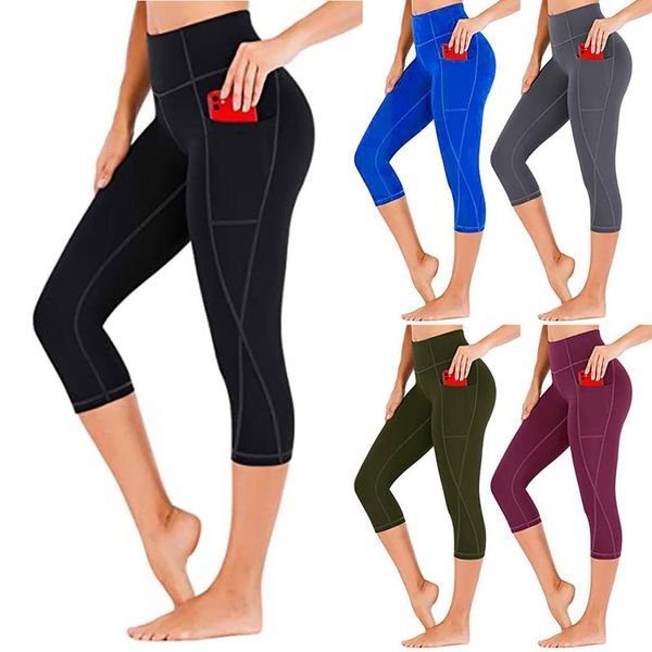 

yoga outfit pants women slim tights elastic quick dry pocket seamless gym sport fitness leggins mujer cropped trousers