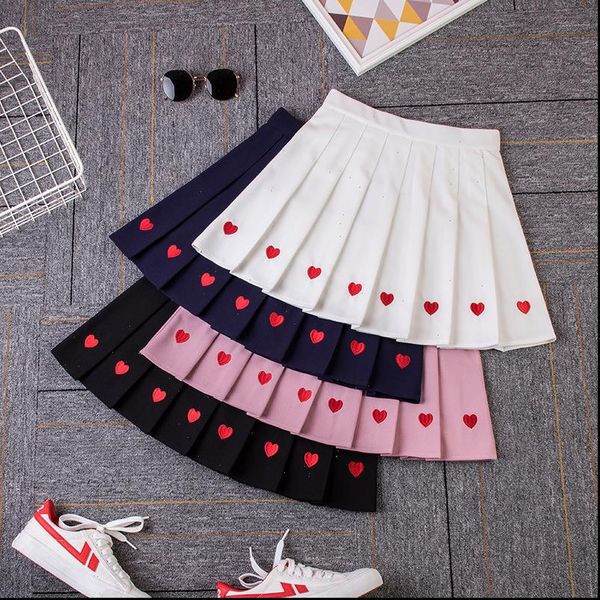 

women skirts summer pleated harajuku fashion high waist love embroidery skirt woman heart a line mini, Black