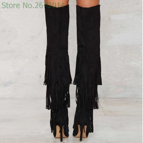 

boots denim women black stiletto over knee tassel spring autumn pointed toe design high heels cover heel suede