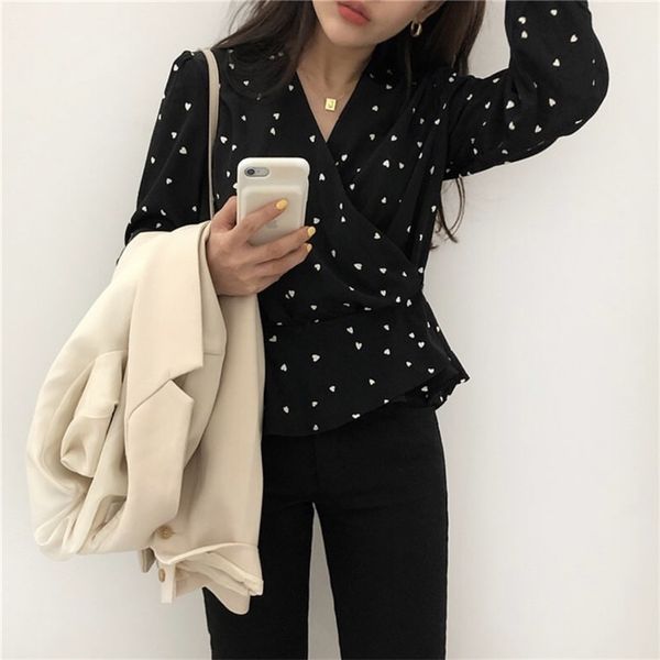 

plus size girls long sleeve summer shirt v neck black apricot shirts womens and blouses print chiffon blouse women 210423