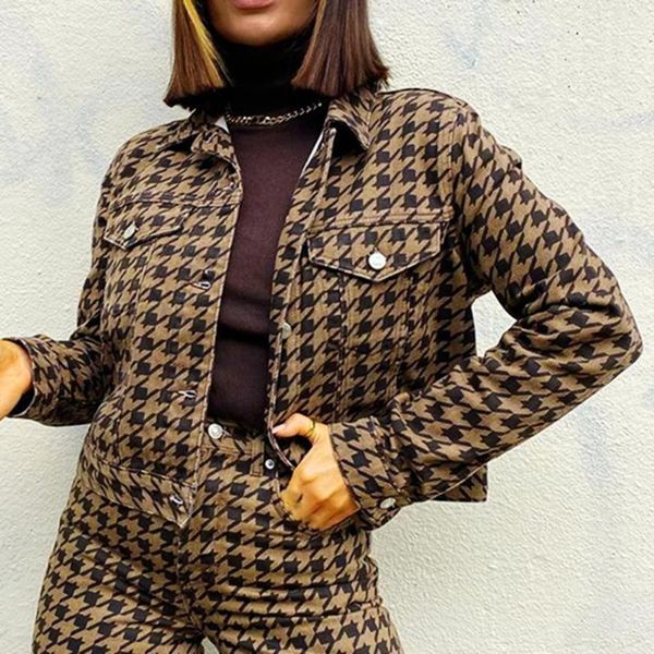 

women's jackets stylish women houndstooth cropped jacket pocket button turn down collar long sleeve coat autumn winter streetwear offic, Black;brown