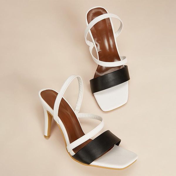 

dress shoes 2021 square toe fashion sandals female one-step high heels plus size pramei shoe factory spot 35-42 cgb, Black