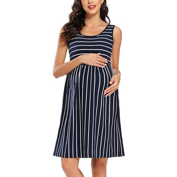 

maternity dresses summer casual striped dress sleeveless knee length pregnant tank women pleated clothes sundress d30, White