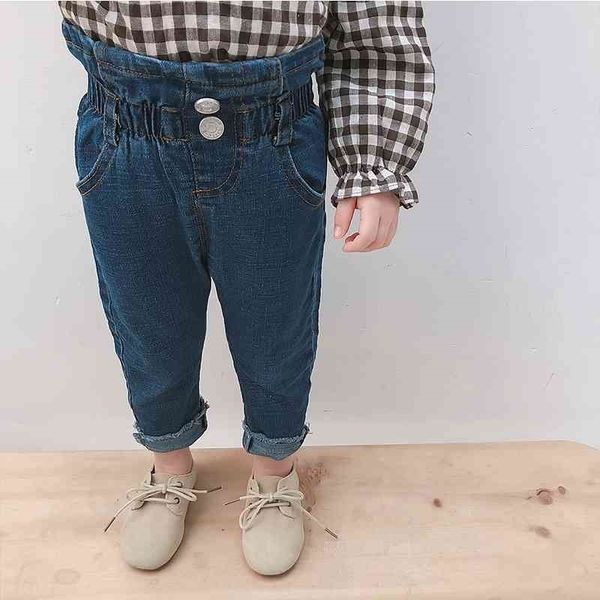 Herbst Neue Ankunft Baumwolle Einfarbig Allgleiches Casual Hohe Taille Jeans Bleistift Hosen für süße süße Mode Baby Mädchen 210331