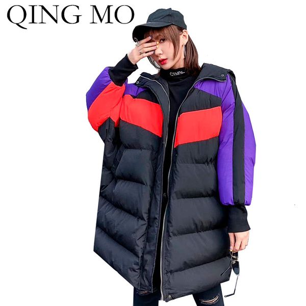 

Women's Down & Parkas QING MO Winter Hooded Patchwork Color Female Warm Long High Quality ZQY2154 2WCI, Black