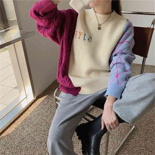 

hsa spring autumn women chic sweater and pullovers colorful sleeve patchwork knit jumpers letters casual pull femme 210430, Black;gray