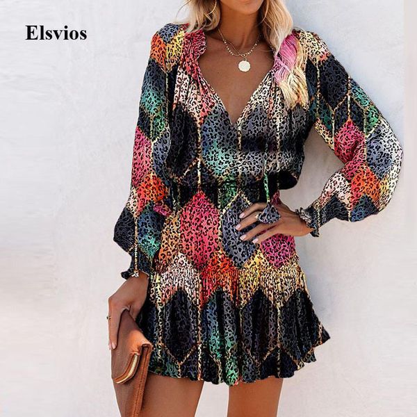 

casual dresses women vintage leopard print a-line mini fashion spirng long sleeve ruffle party elegant v-neck beach summer sej5, Black;gray