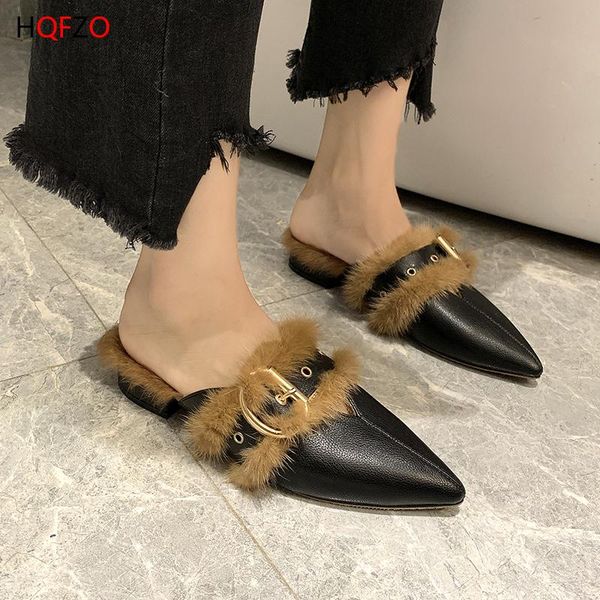 

women mules low heels fur pointed toe spring winter outdoor slippers buckle shoes 2021, Black