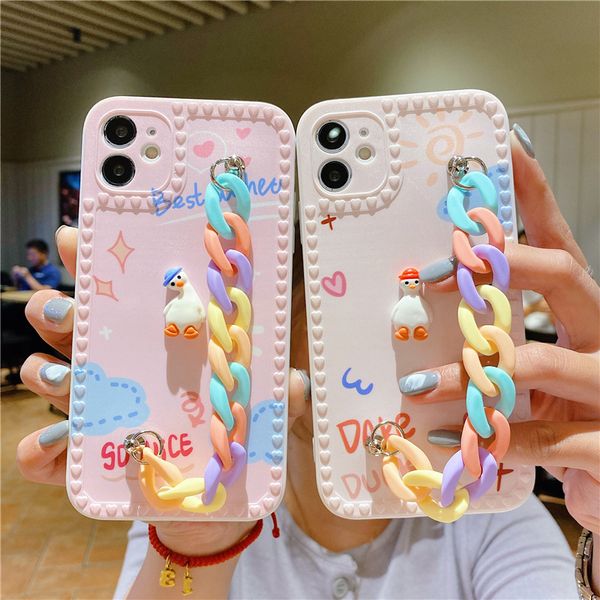 Casos de telefone celular de pulseira de pato tridimensional dos desenhos animados para 12 11 xs / xr soft 7 / 8plus silicone caso