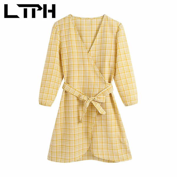 

vintage simple fresh elegant plaid dress women three quarter sleeves v-neck high waist wrap dresses casual spring 210427, Black;gray
