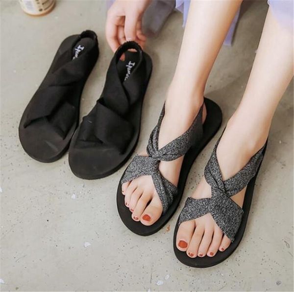 

summer cotton women flat sandals leisure comfort casual walk shoes female soft cross tied gladiator sandal, Black