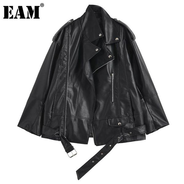

women's jackets [eam] loose fit black pu leather big size casual jacket lapel long sleeve women coat fashion tide spring autumn 2021 1d, Black;brown