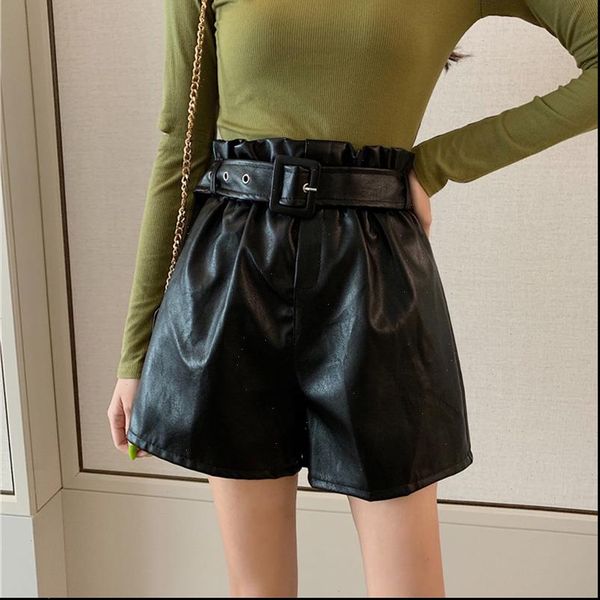 

pu leather women short high waist shorts with belt black loose solid bud female spring autumn apricot lady bottoms, White;black
