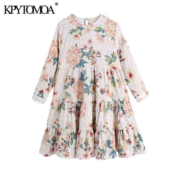 

women chic fashion floral print ruffled mini dress o neck three quarter sleeve female dresses vestidos 210420, Black;gray