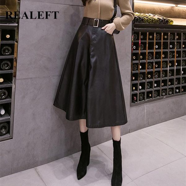 

autumn winter pu faux leather long skirt with belt 2021 high waist vintage a-line chic mid-calf umbrella skirts, Black