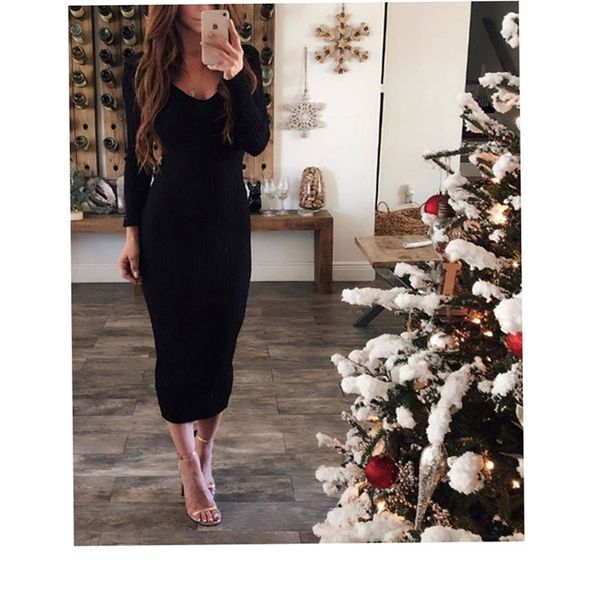 

women dress knitted long sleeve party evening club girls solid deep v-neck autumn female ladies clothing 210522, Black;gray