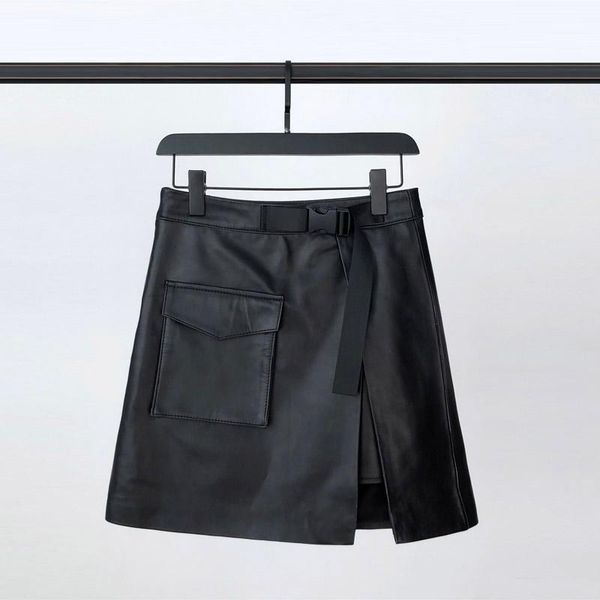 

skirts genuine leather a-line skirt half-length female sheep skin short high waist large size split, Black