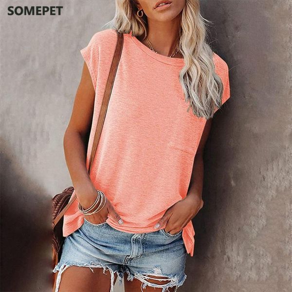 

women's t-shirt solid tee shirts women pocket 2021 summer casual o-neck loose t shirt short sleeve female soft mujer camisetas, White