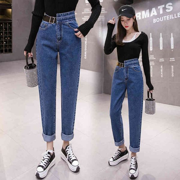 

fashion jeans women's straight loose new irregular high waist slimming retro harem pants with ankle-length pants dark blue 210412