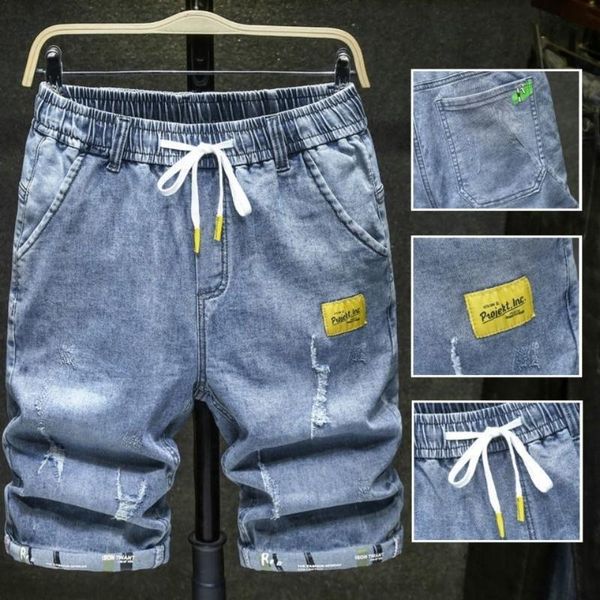 

men's shorts brand pants jeans elastic waist casual ripped frayed denim for men clothes trouser, White;black