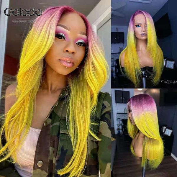 

lace wigs colodo ombre pink yellow colored front human hair 13x4 pre plucked brazilian wavy, Black;brown