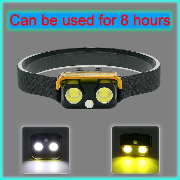 

mini led headlamp white light and yellow head lamp waterproof 2*cob fishing use batteries can be used for 8 hours headlamps