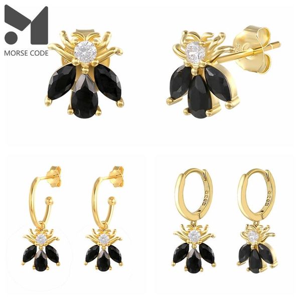 

stud mc black zircon honey bee piercing earrings 925 sterling silver women ear hoops charming retro charm vintage huggie pendientes, Golden;silver