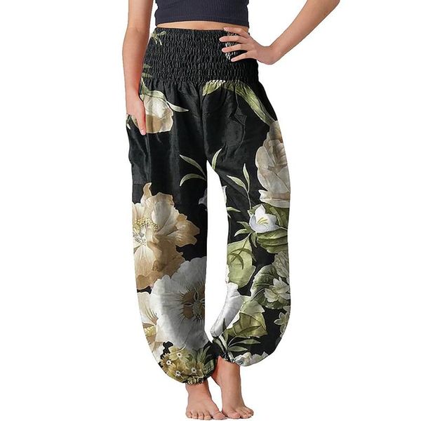 

women's pants & capris women bohemian floral print long high waist vintage harem elastic plus size boho beach trousers p5, Black;white