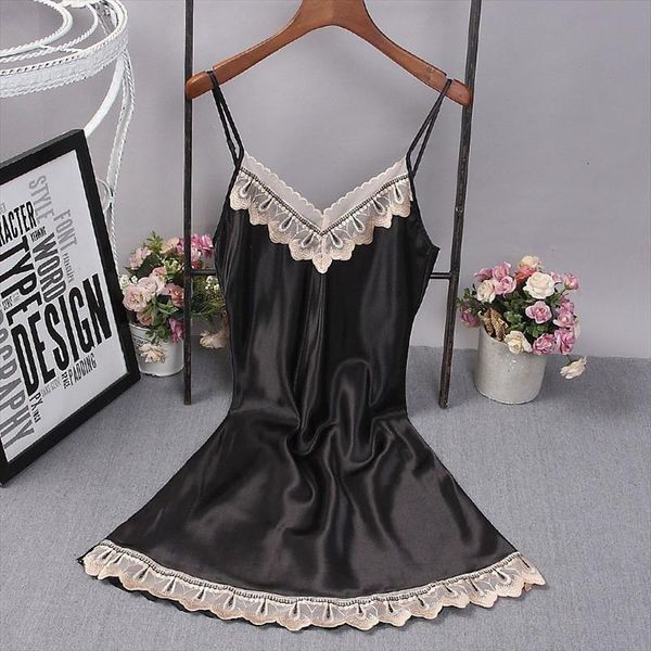 

lace nightdress silk satin womens sleepwears sleeveless v neck nightgown lingerie night dress ladies summer homewear f, Black;red