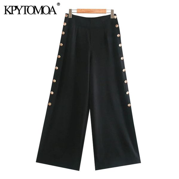 

women chic fashion side buttoned wide leg pants vintage high waist streetwear female trousers mujer 210416, Black;white