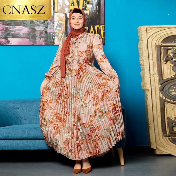 

ethnic clothing 2021 elegant silky satin long sleeve dress print pleated maxi dresses wrap waist fashion women musulman ensembles, Red