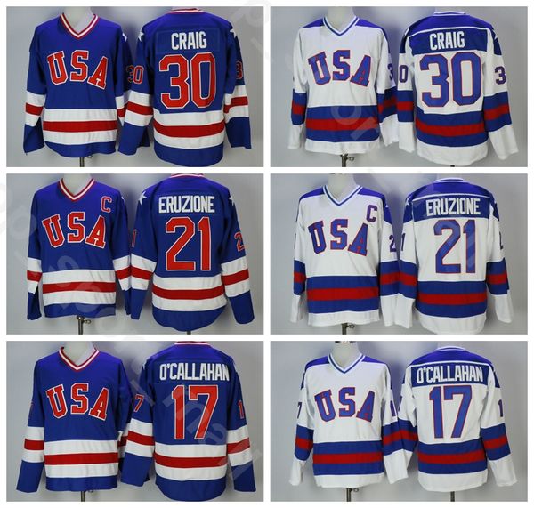 

vintage ice hockey 1980 usa jersey men college blue white 17 jack ocallahan 30 jim craig 21 mike eruzione all stitched high quality, Black