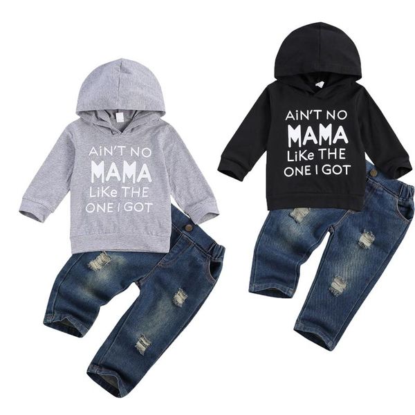 

clothing sets toddler baby boys outfits letter print long sleeve hooded pullover ripped jeans 2pcs clothes set for spring fall, White