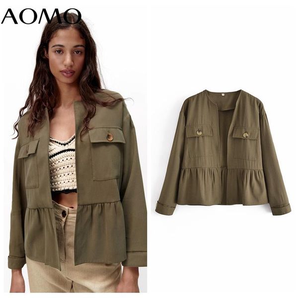 

women's jackets aomo women amygreen ruffles coats jacket loose long sleeves pocket 2021 ladies elegant autumn 3w120a, Black;brown