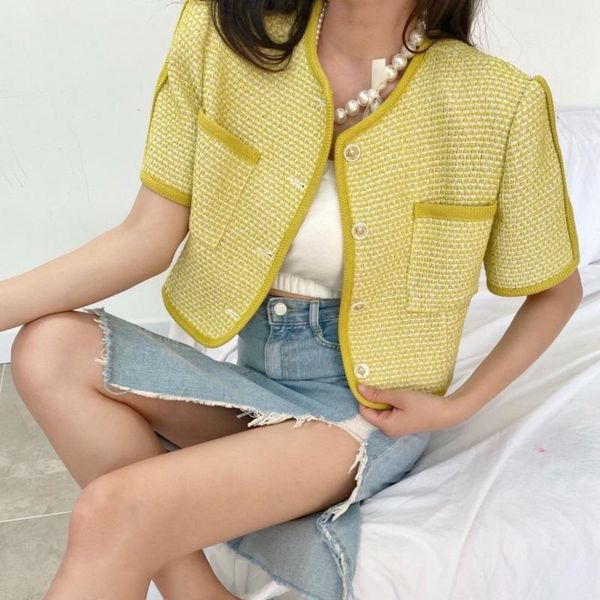 

women's jackets women 2021 summer korean chic french retro round neck edges single-breasted short-sleeved tweed coat female, Black;brown