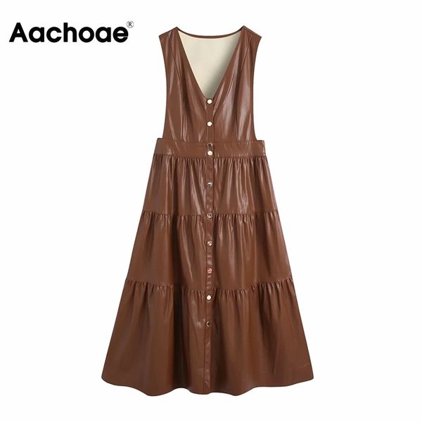

aachoae chic v neck pu faux leather dress women vintage sleeveless ruffled brown midi dress fashion pleated dresses vestidos 210413, Black;gray