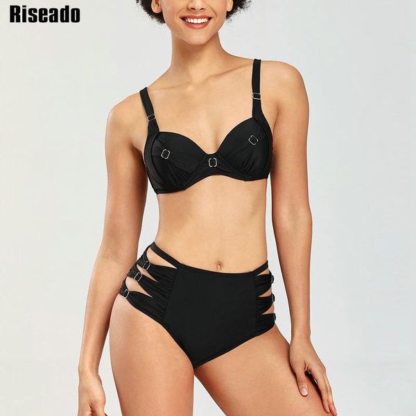 

riseado push up bikinis set high waisted swimwear women hollow out swimsuit black beach wear ruched biquini 2021 bathing suits women's, White;black