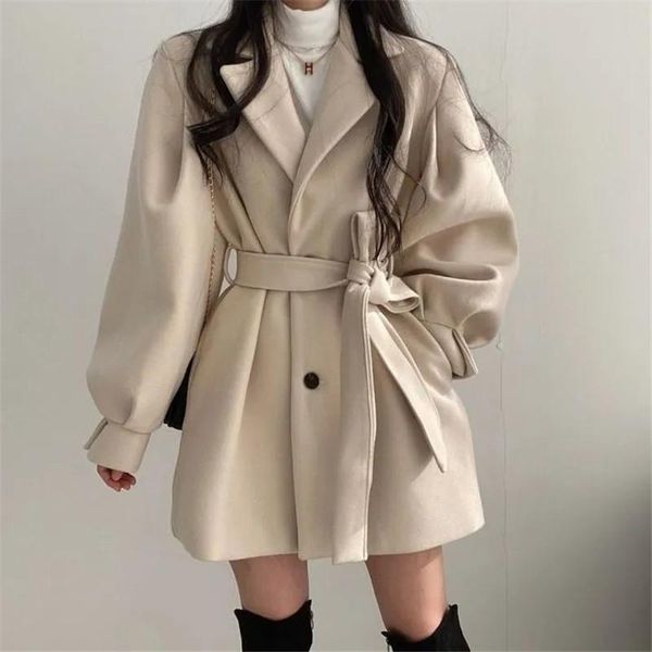 

women's wool & blends white black woolen coat female suit collar women jacket 2021 autumn winter mid-length cloth overcoat with belt